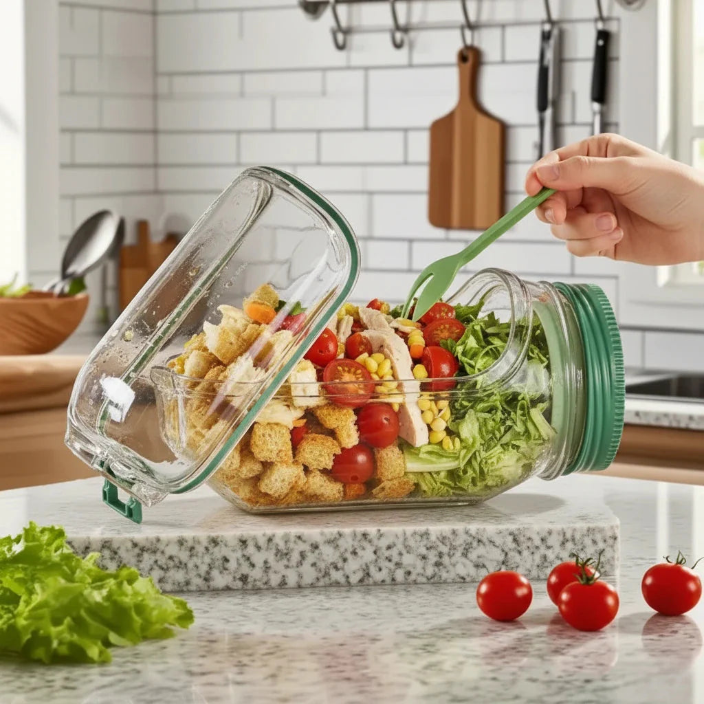 Layer & Go™ leakproof 2.5oz dressing cup sealed on the side — no soggy salad