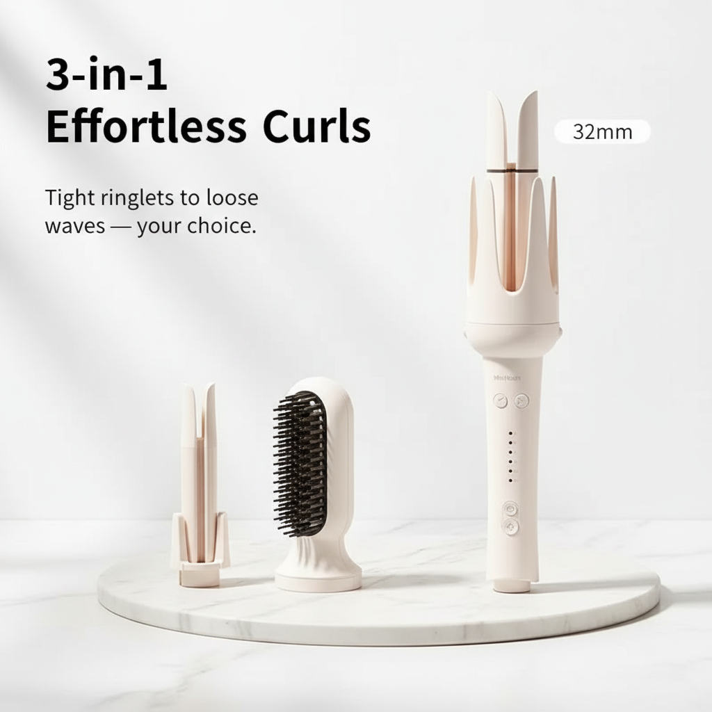 CurlCraft™ Pro 3-in-1 set — effortless curls with auto-rotating ceramic barrel