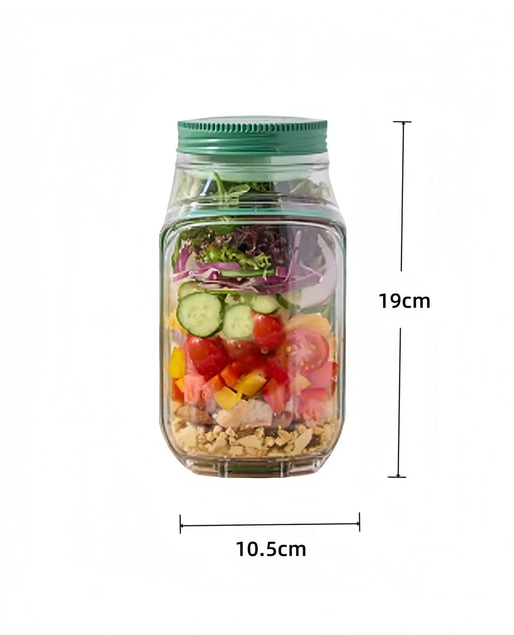 Layer & Go™ full product view — salad jar with dressing cup and flip-lid bowl