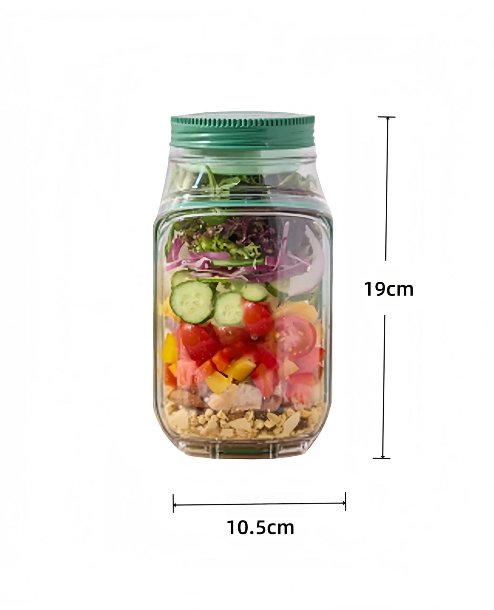 Layer & Go™ full product view — salad jar with dressing cup and flip-lid bowl