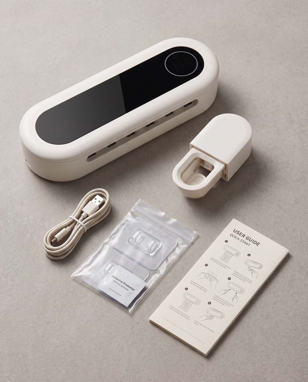 SteriDock what's in the box — holder, toothpaste dispenser, USB cable, wall mount kit, guide