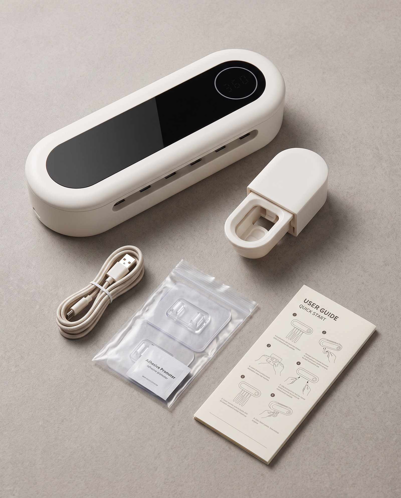 SteriDock what's in the box — holder, toothpaste dispenser, USB cable, wall mount kit, guide