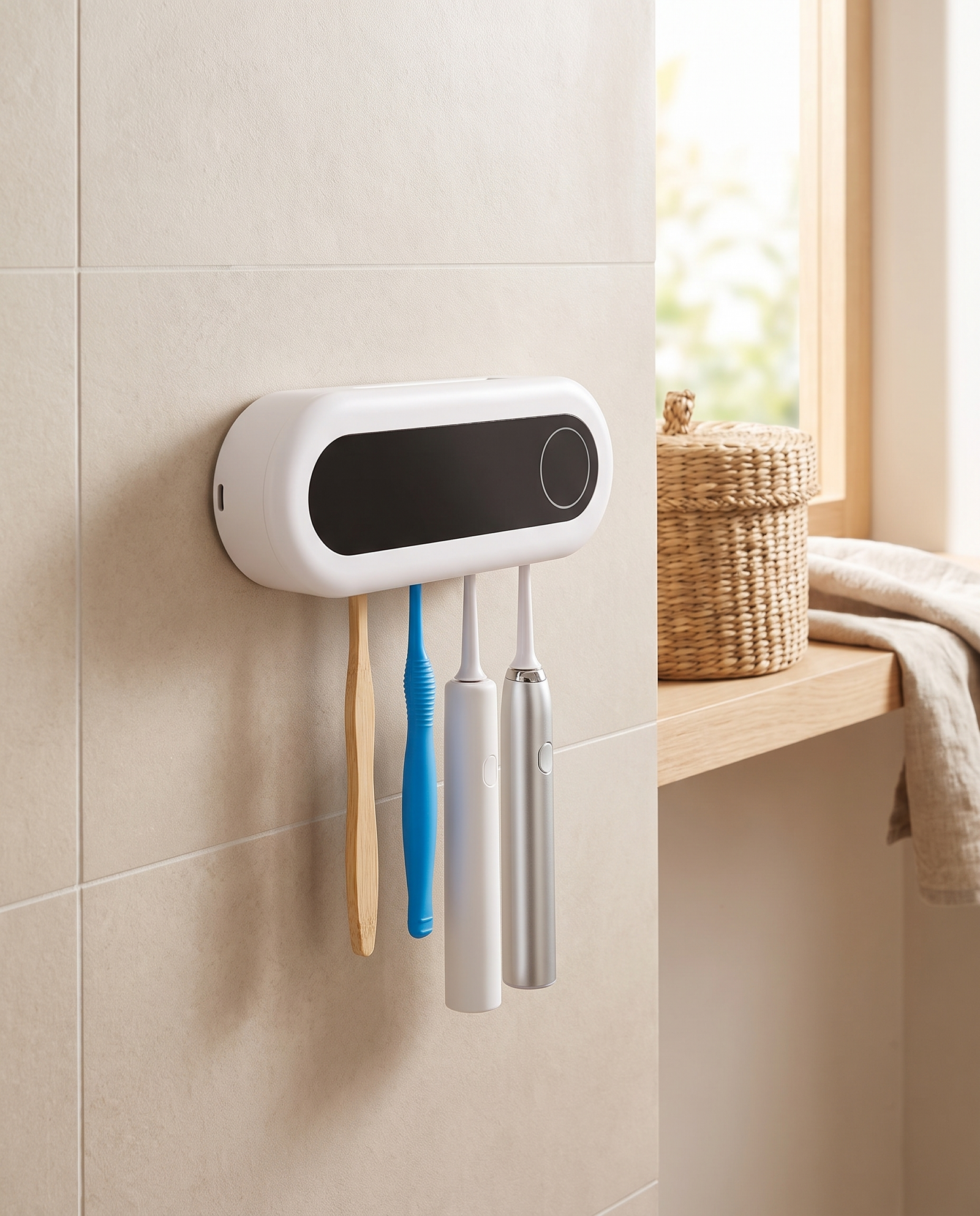 SteriDock mounted holding four toothbrushes — fits the whole family