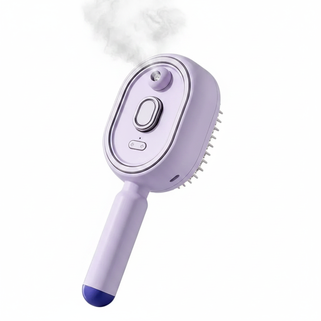 Vapor Glow™ hydrating mist hair brush in purple — scalp massage and frizz relief