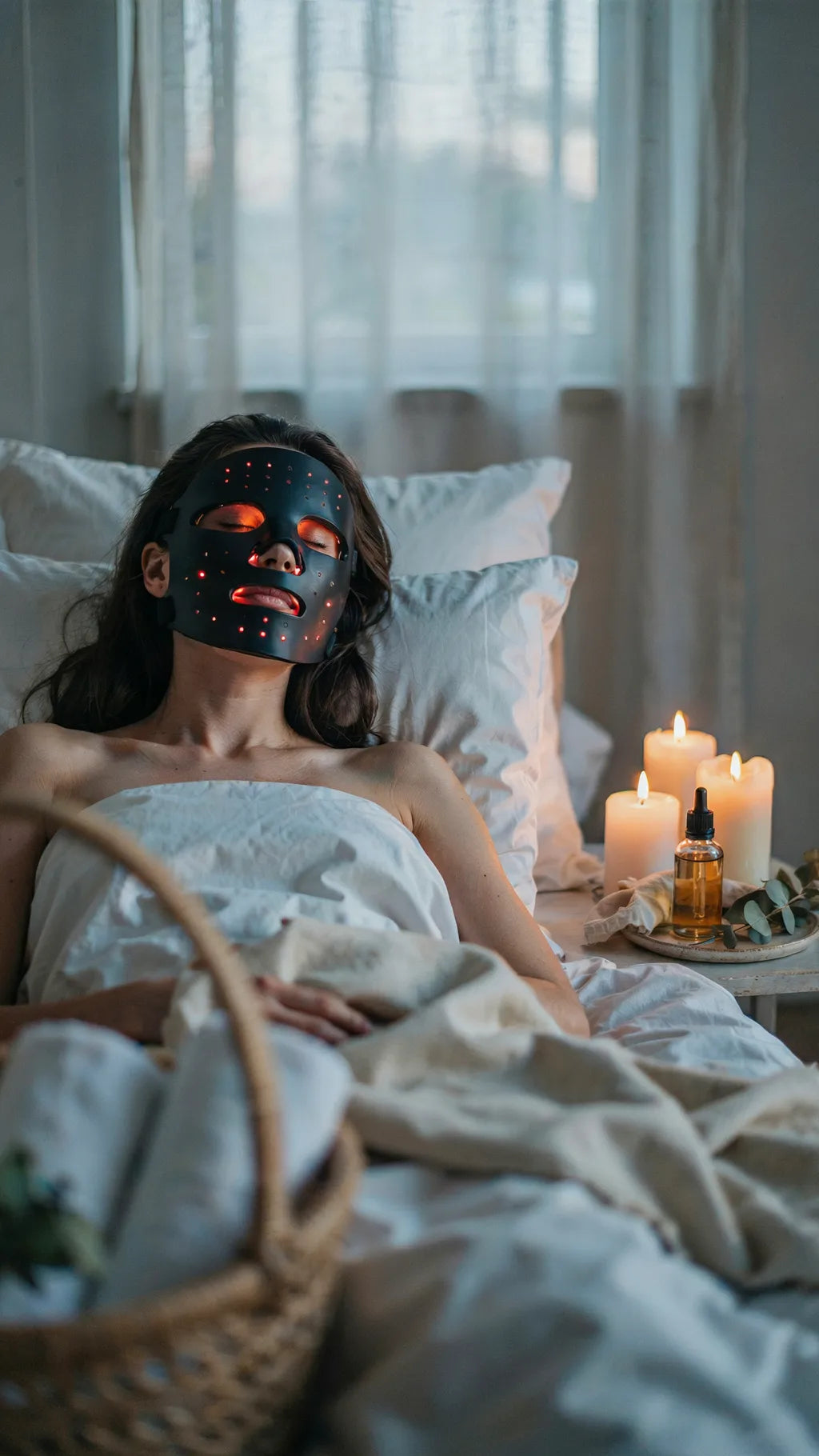 Woman wearing LumaGlow LED Light Therapy Mask during evening skincare routine
